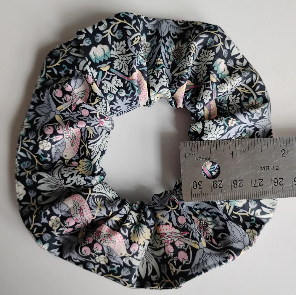 Liberty Art Fabric Scrunchie Strawberry Thief Gray Black Pink Floral Pastel